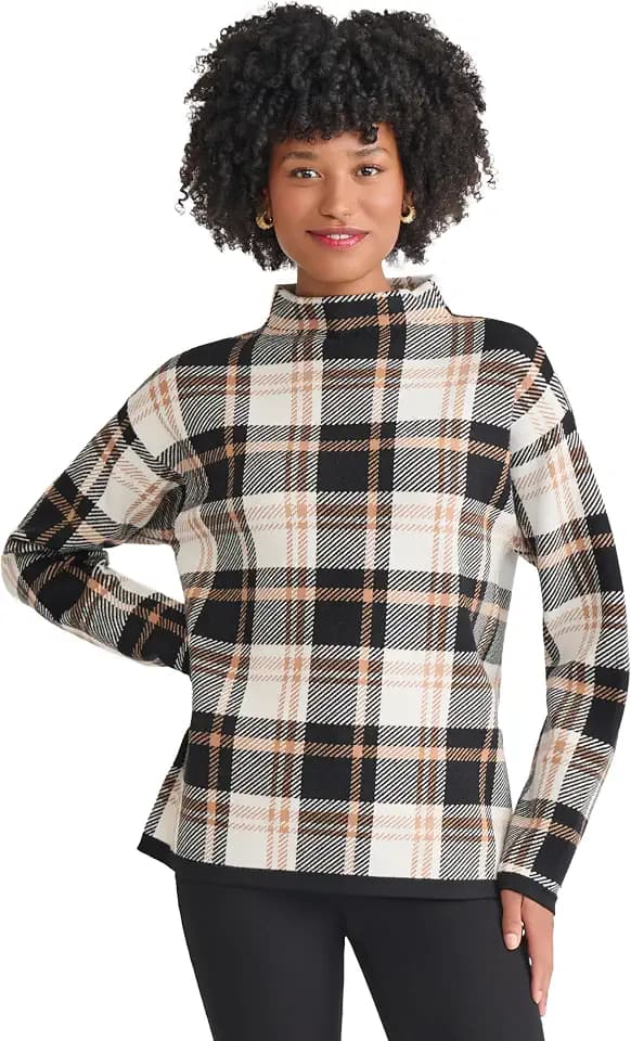 Jones New York Women's Long Sleeve Mock Neck Plaid Knit Top