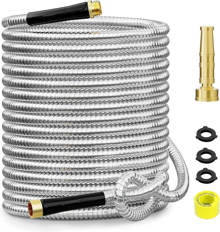 SPECILITE 150ft 304 Stainless Steel Metal Garden Hose with Rubber Grip