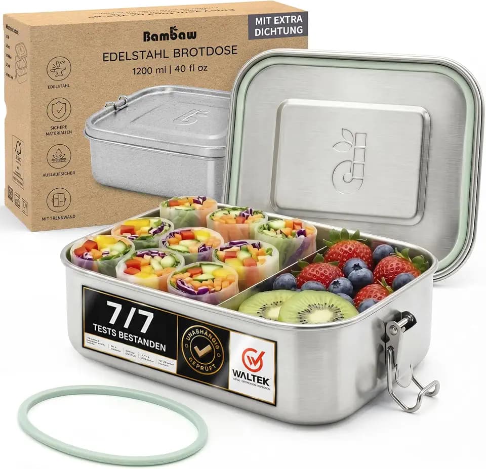 Bambaw Edelstahl Lunchbox 1200ml, Brotdose Erwachsene und Kinder mit Fächern, Bento Box Plastikfrei, Brotzeitbox Auslaufsicher, Spülmaschinenfest, Jausenbox, Brotdose Metall, Lunchbox Edelstahl