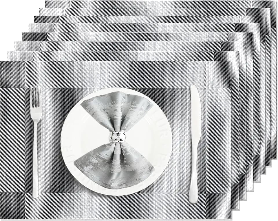 Silver Grey Vinyl Placemats Set of 8, Heat Resistant Table Placemats