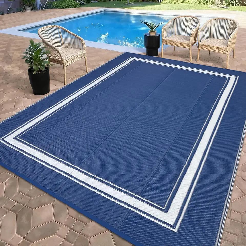 Garvee Outdoor Rugs 9x12 Patio Waterproof Straw Plastic Reversible Mat Bordered Camping Rug with 4 Stakes Portable Outdoor Area Rug for Porch Deck Rv Trailer Balcony Backyard Beach Picnic, Navy