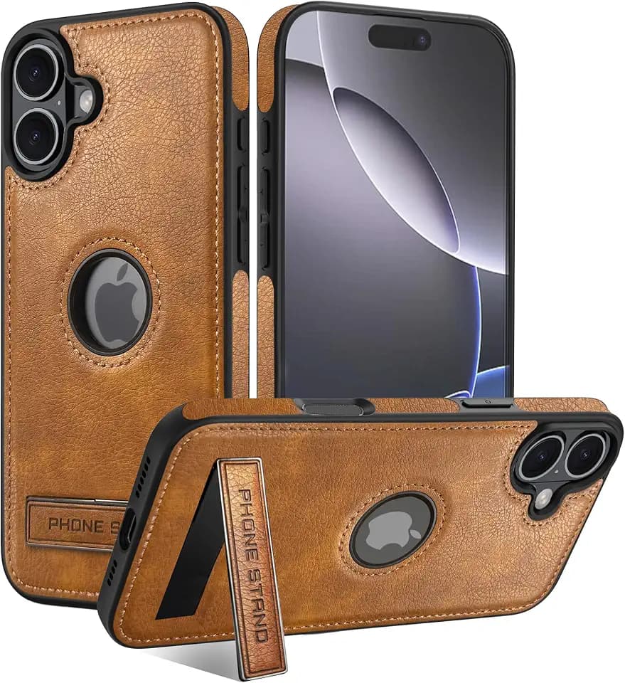 Leather Case for iPhone 17 Case, Protective Slim with Kickstand Shockproof Phone Cases, Built-in Invisible Stand Compatible with iPhone 17 6.3'' (Brown)