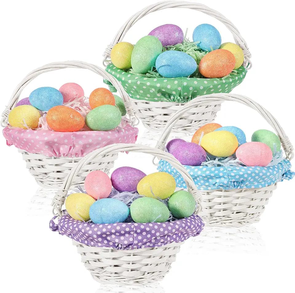 SiliFine 4 Pack Easter Woven Basket with Handle and Liner Raffia Grass Easter Eggs Wood Hunt Baskets Bulk Empty for Egg Hunting Picnic Party Decoration Candy Storage, 7.9 x 3.9 x 3.9"(Polka Dot,White)