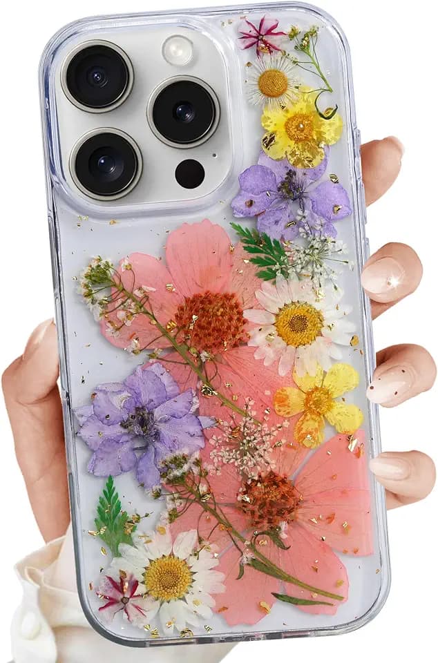for iPhone 16 Pro Max Clear Case,Aesthetic Floral Phone Case with Pressed Real Flowers Design,Glitter Cute Floral Pattern Women's Phone Case Slim Soft TPU Protective Girl's Phone Cover for iPhone