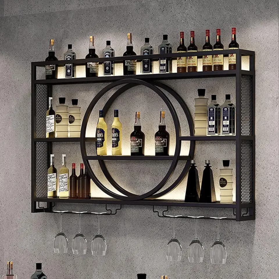 Weinflaschenhalter zur Wandmontage, Weinflaschenhalter mit Ausstellungsregal, Metall-Weinhalter, Wandmontage, Weinvitrine, kreatives Wand-Weindisplay, Wandmontage, Schwarz, 100 cm