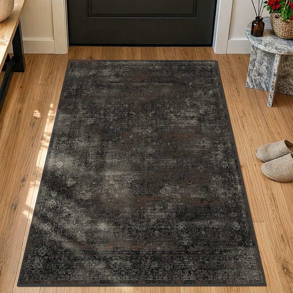 Black 3x4 Washable Entryway Rug, Non-Slip Low Pile Indoor Rug for Mudroom, Bathroom, Kitchen & Hallway, Stain Resistant Dark Volcanic Charcoal Modern Farmhouse Style
