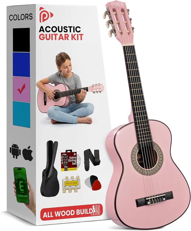 Pyle 30-Inch Beginner Acoustic Guitar Kit, 6-String Classical Style Travel Guitar for Kids & Adults - Includes Shoulder Strap, Strings, Picks, Tuning Pitch Pipe & Storage Gig Bag, Handcrafted Wood