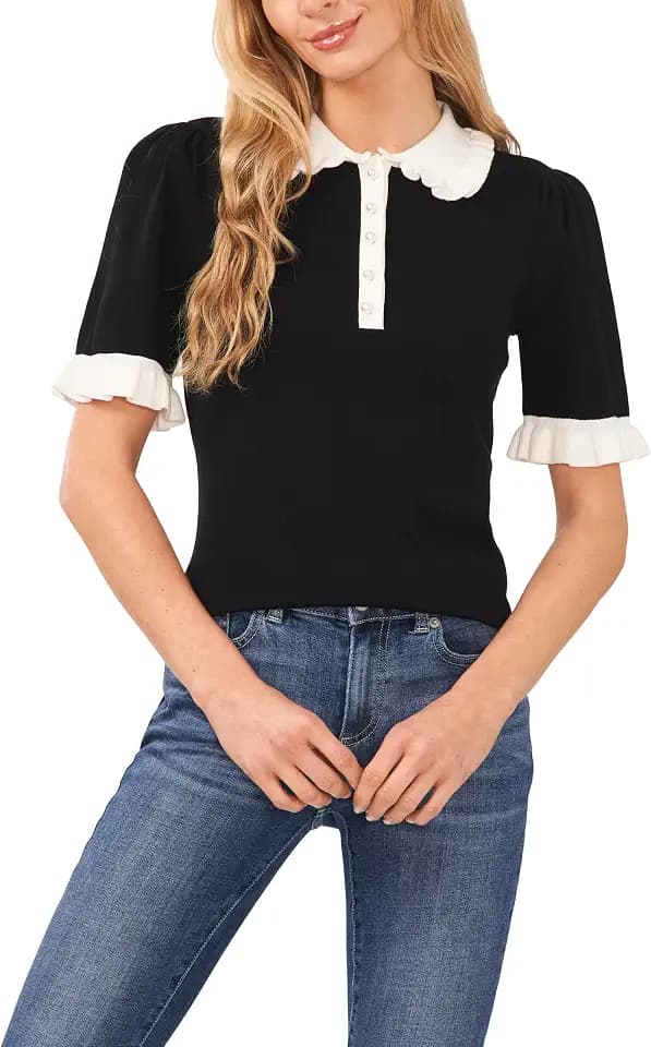 CeCe Women's Short Sleeve Contrast Collar Polo Sweater