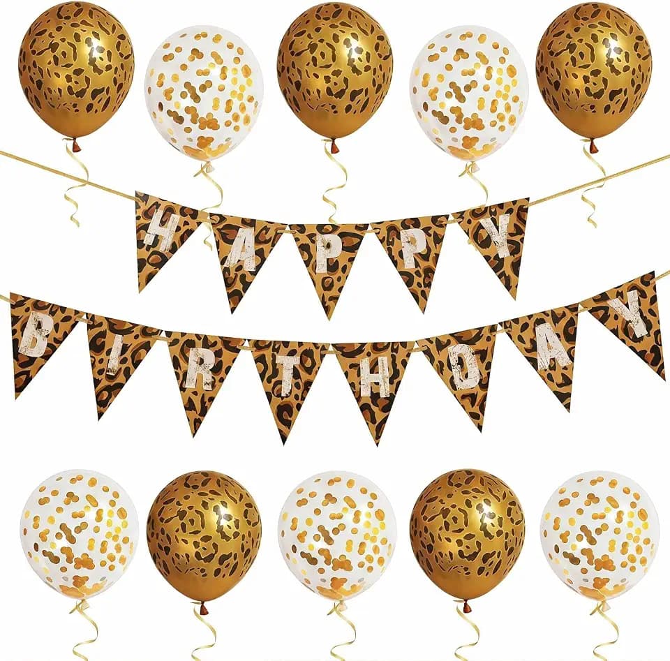 Cheetah & Leopard Print Birthday Decorations, Safari Jungle Theme Party Supplies with Happy Birthday Banner & Gold Animal Print Balloons Set for Safari Themed Celebration
