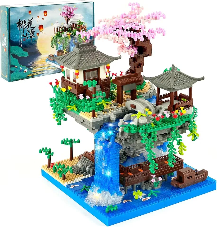HOTUT Pfirsichblüten Baumhaus Bauklötze Kit, 2705 Stück Micro Klemmbausteine Pfirsichblüten Teich Architektur Mini Baustein, Kirschblüte Baumhaus Lichter Bausatz Sakura Bonsai Baum Baustein