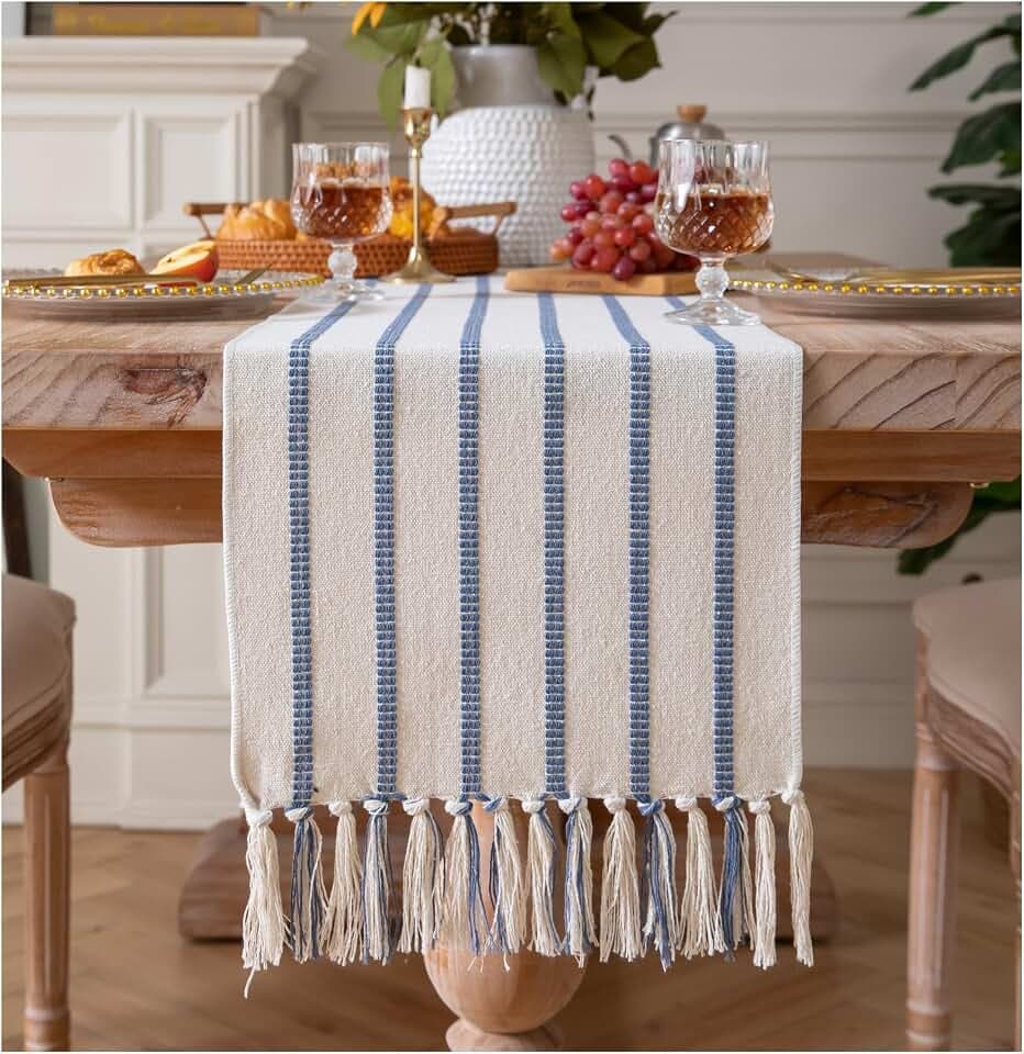 Caflife Boho Table Runner 72 Inchs Long Blue and Beige, Cotton and Linen Woven with Tassels, for Modern Rustic Farmhouse Neutral Table Runners, Bohemian Kitchen Dining Table Home Decor