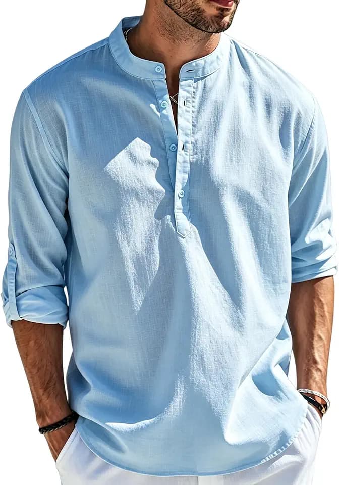 Cegerne Leinenhemd Herren Hemd Langarm Sommerhemd Freizeithemd Casual Henley Shirts für Urlaub Strand