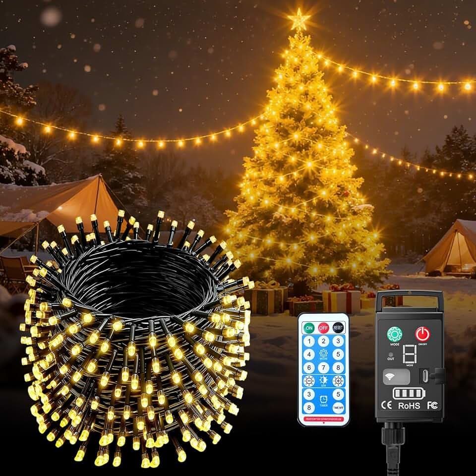 Kinamy LED Lichterkette Außen Batterie, 20M 200 LED 3600mAh Akku Aufladbar