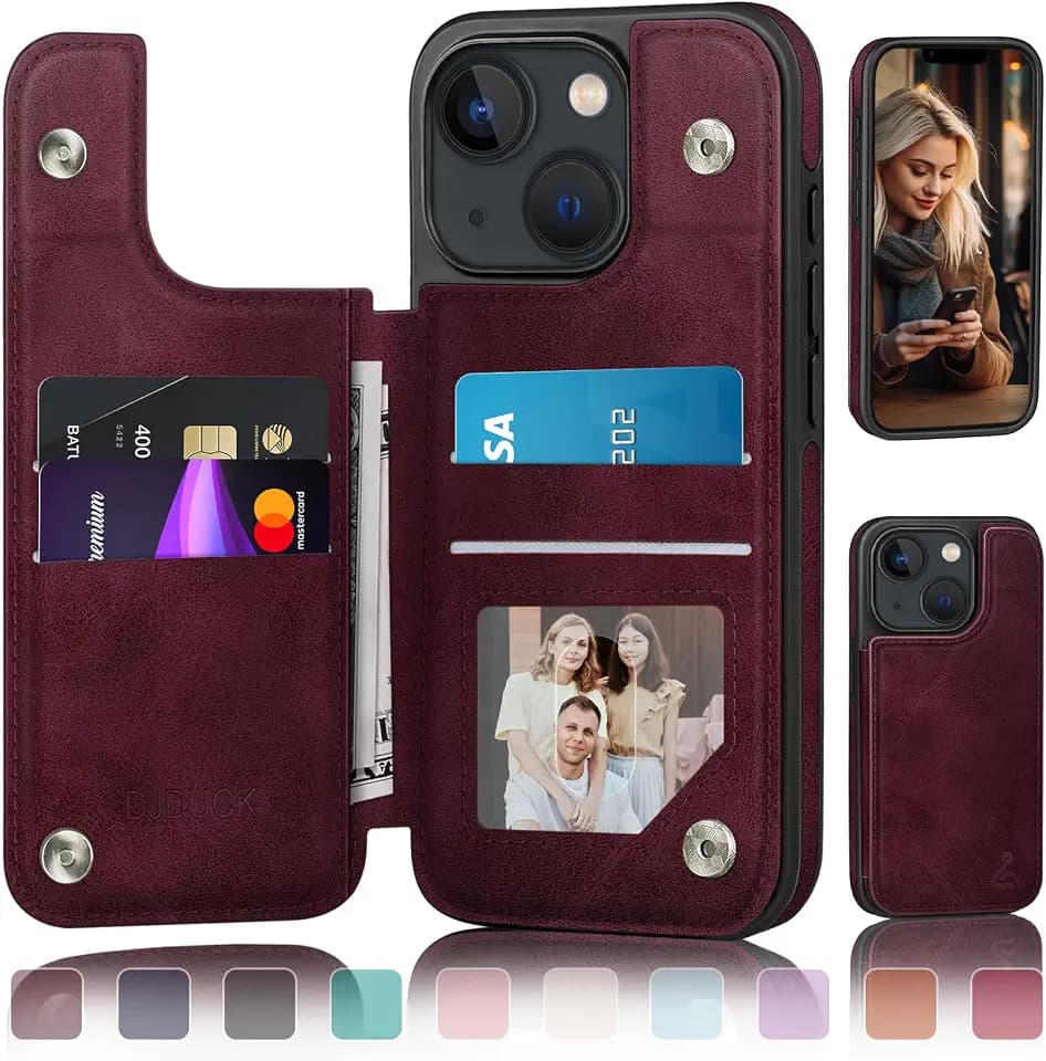 DJDUCK Designed for iPhone 13 Case Wallet with Card Holder, [Magnetic Clasp Cover] [RFID Blocking Leather Protection] Shockproof Women Men Cases 6.1 Inch for Apple 13 Wine Red