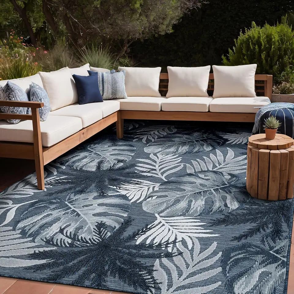Luul Home Floral Indoor Outdoor Rugs 9x12 Large Area Rug for Living Room, Patio Decor, Kitchen, and Entryway Rug, Washable Stain Resistant Outside Carpet Navy 9 x 12