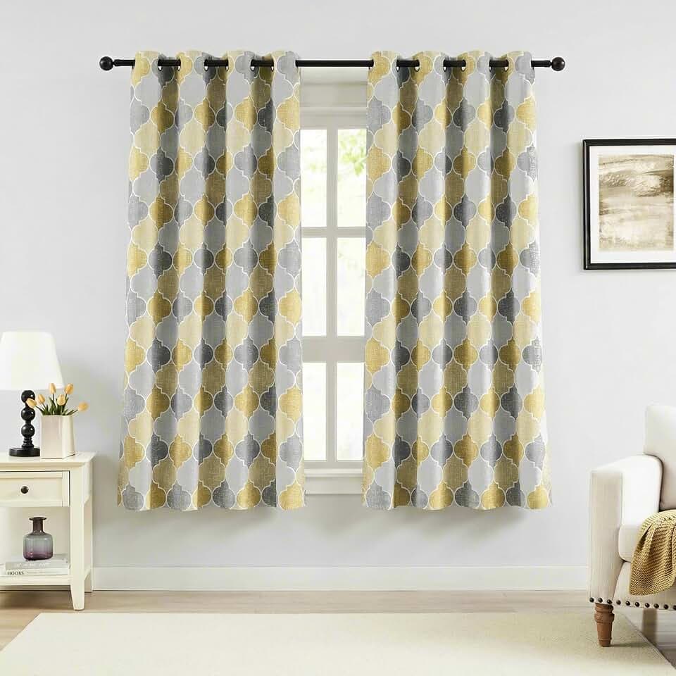 Gray Yellow Moroccan Full Blackout Window Curtains, 52" Wx63 Lx2