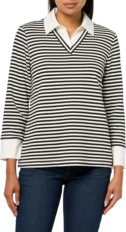 Jones New York Women's Women's 3/4 Sleeve Striped Pique Top with Poplin Collar