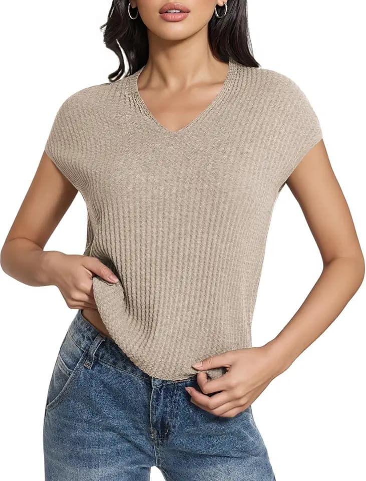 FAIABLE Women's Short Sleeve Sweater, V-Neck Cap Sleeve Knit Tops Casual