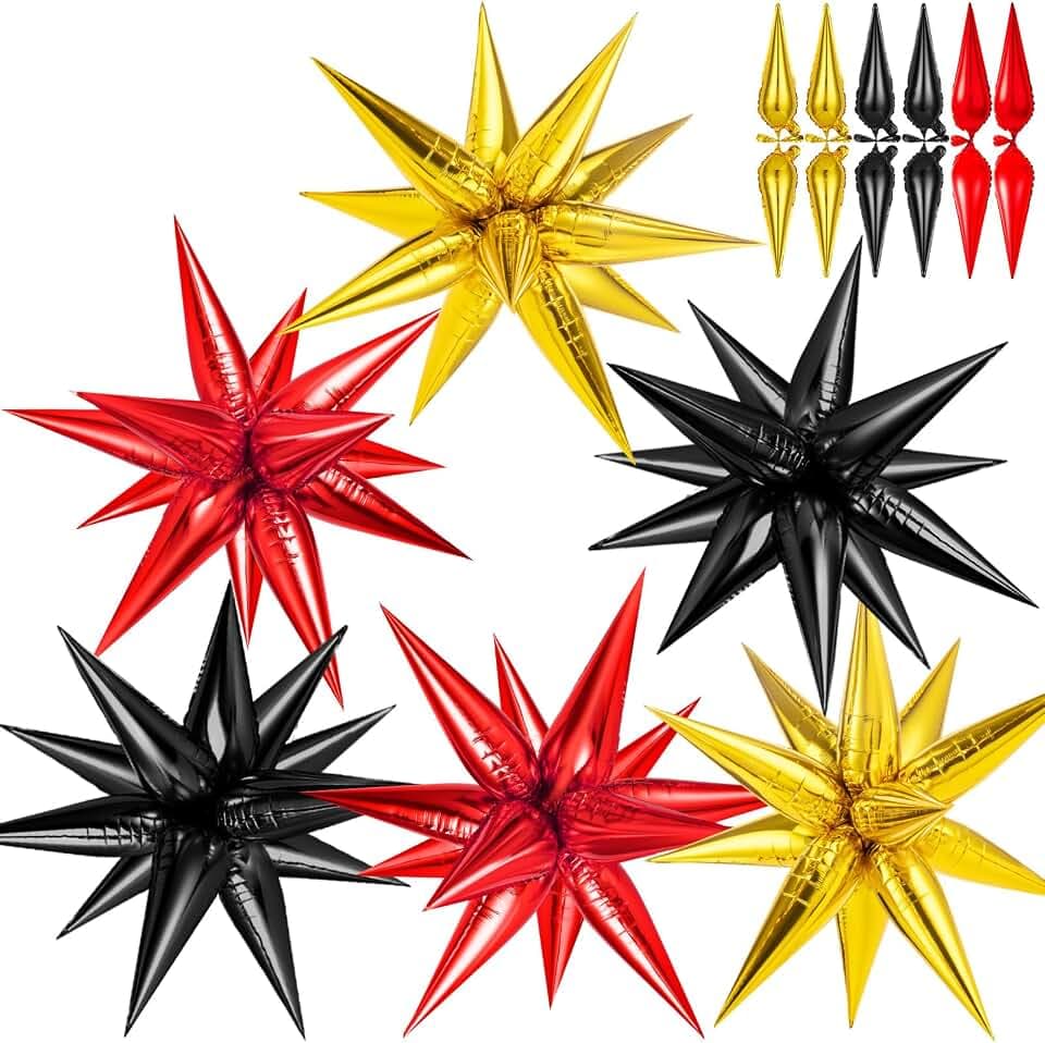 Red Black and Gold Star Balloons, 72 Pcs Large Mylar Explosion Balloons, 12 Point Spike Foil Cone Balloon for New Year, Birthday, Graduation, Anniversary, Movie Night, Party Decoration