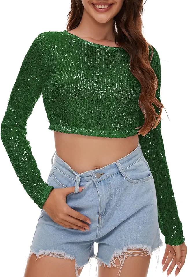 Ypser Sequin Crop Top Long Sleeve Sequin Top Sparkle Crop Top for Disco Rave Concert Party Deep Green, Small-Medium