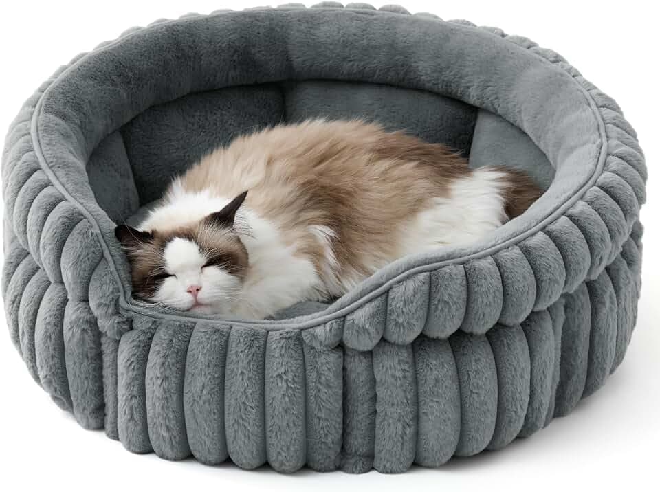 BEDSURE Kätzchenbetten Waschbares Cord-Fleece Welpenbett, 58x58cm | Rundes kleines Katzenbett Umarmungs-Stil Tiefschlaf hohe Ränder, herausnehmbares Wendekissen, rutschfest, Grau