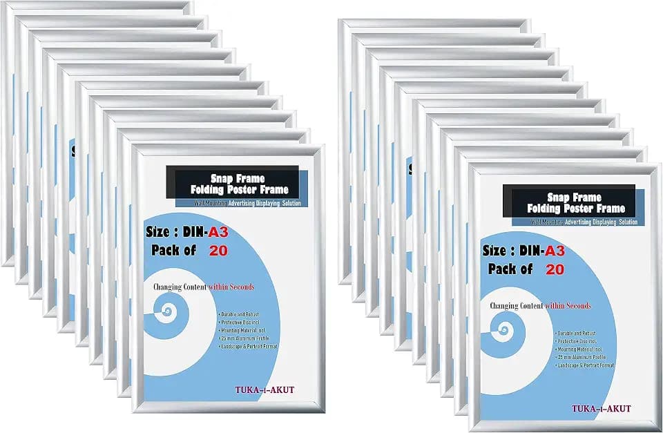 TUKA-i-AKUT 20er A3 Klapprahmen aus Aluminium 25 mm Profil, Plakatrahmen Wechselrahmen Poster Rahmen Schnapprahmen Aufklappbar mit Schutzscheibe Befestigungsmaterial, Silber Farbe, TKD8420-A3-20X