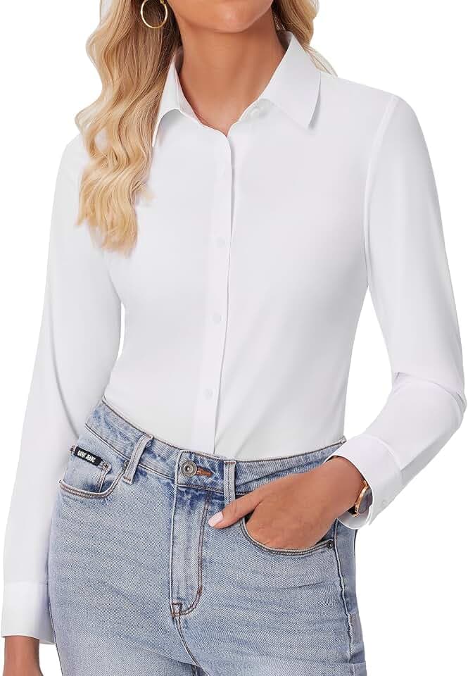 siliteelon Button Down Shirts for Women Slim fit Long Sleeve Stretch Dress Shirts Work Shirt Wrinkle Free Office Blouses
