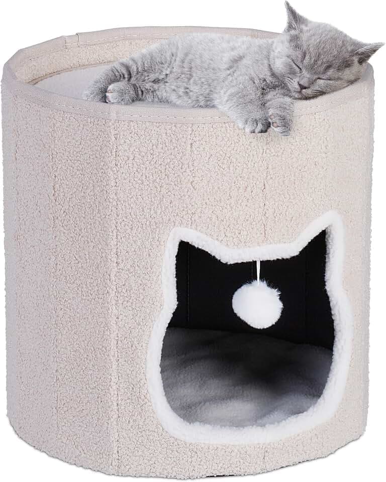 Relaxdays Katzenhöhle mit Kissen, Spielzeug, faltbares Katzenhaus, Katzenversteck, Tierhaus, H x D: 40 x 39 cm, beige