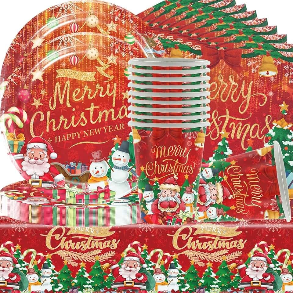Weihnachtsparty-Geschirr, Weihnachtspartygeschirrset für 20 Gäste, Rot, 61 PCS (20 Pappteller, 20 Pappbecher, 20 Servietten, 1 Tischdecke)