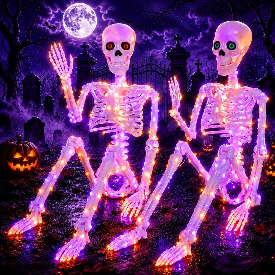 2Pack36 Halloween Skeleton Decoration with Orange&Purple Light