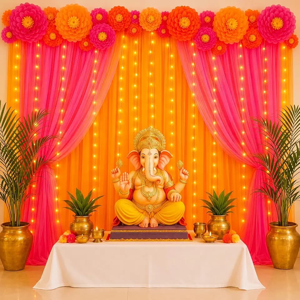 Indian Navratri Backdrop Set, Diwali Decoration for Home, Yellow,Hot Pink