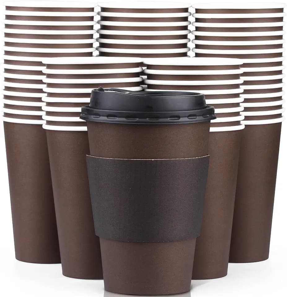 Promora 200 Pack 8 oz Brown Disposable Coffee Cups with Lids & Sleeves, Hot Coffee Cup Sleeves Disposable, Premium Insulated To Go Coffee Paper Cups with Lids & Sleeves, Brown and Black