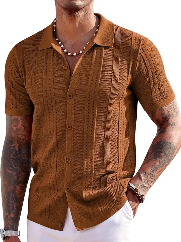 COOFANDY Men's Knit Shirts Short Sleeve Button Down Polo Shirt Summer Beach