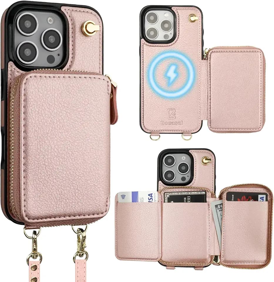 Bocasal for MagSafe Crossbody Wallet Case for iPhone 16 Pro, Rose Gold