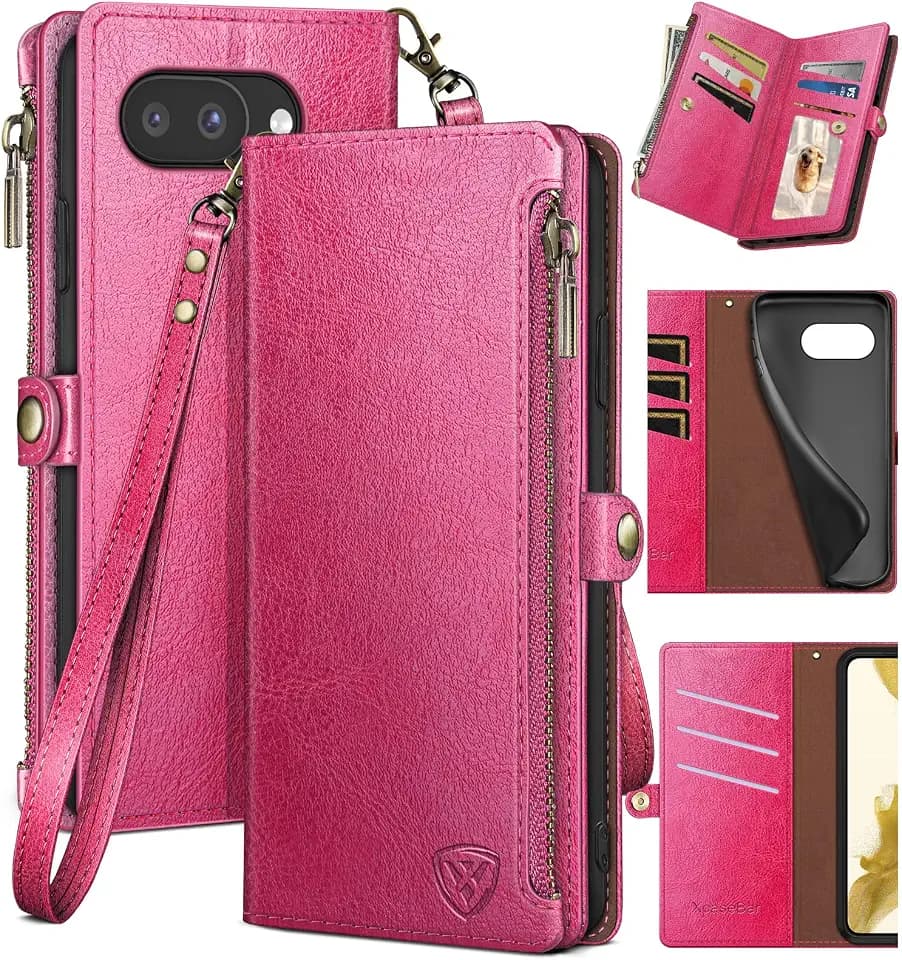 XcaseBar Compatible with ‌Google Pixel 9A Wallet case with Zipper Credit Card Holder【RFID Blocking】,Flip Folio Book PU Leather Phone case Shockproof Cover Women Men for Pixel 9A case Rose Red