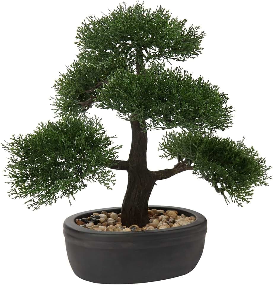 Briful Kunstbonsai Naturgetreue Künstliche Pflanze Kunstbaum Bonsai Zeder Kiefer Podocarpus Plastik Pflanze Kunstpflanze mit Keramik-Übertopf in Schwarz für Baddeko Desktop Büro Fensterbank