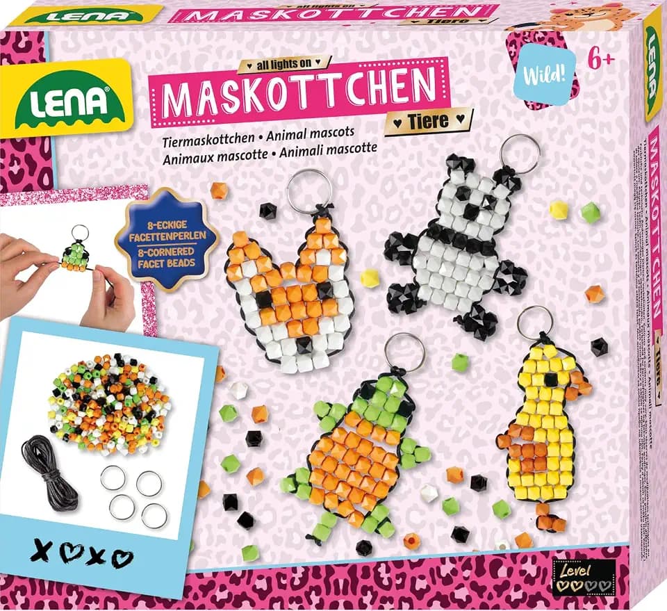 Lena 42547 Maskottchen Tiere Maskottchen Perlentiere Bastelset ab 6 Jahren, Mit 250 x Bastelperlen und 4 x Schlüsselringen, Schlüsselanhänger mit Perlen basteln