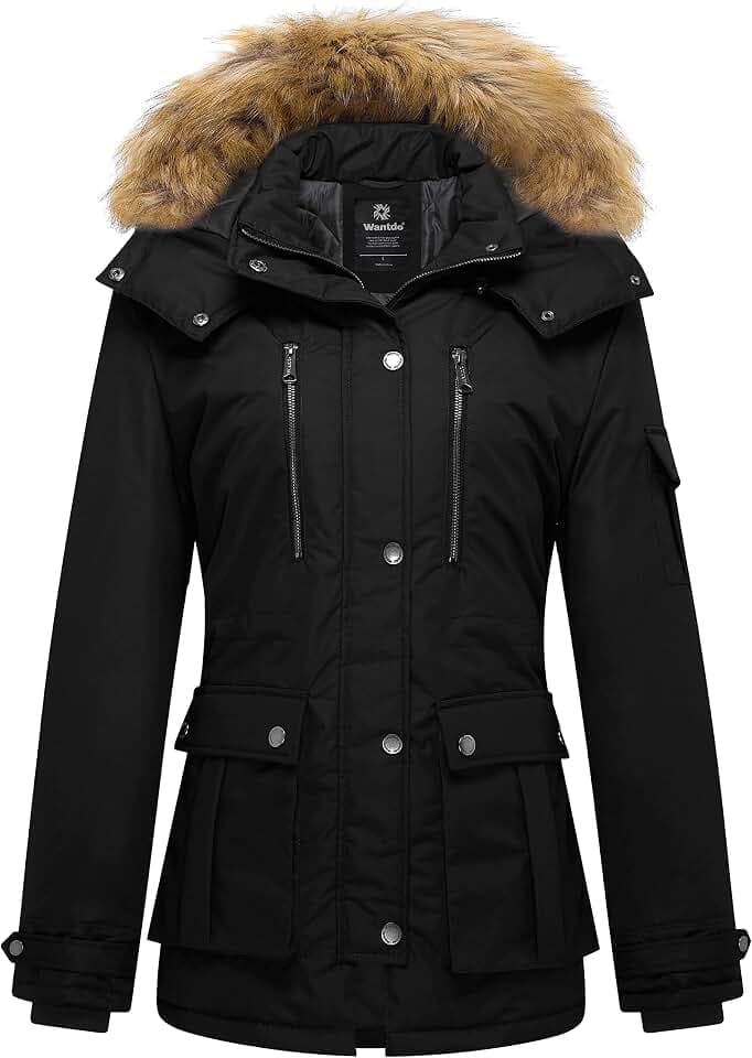 Wantdo Damen Winterjacke Klassische Mittellange Parka mit Kapuze