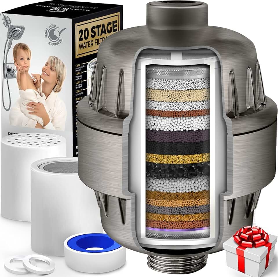 AquaHomeGroup 20-Stage Shower Filter with Vitamin C and E, Brushed Nickel