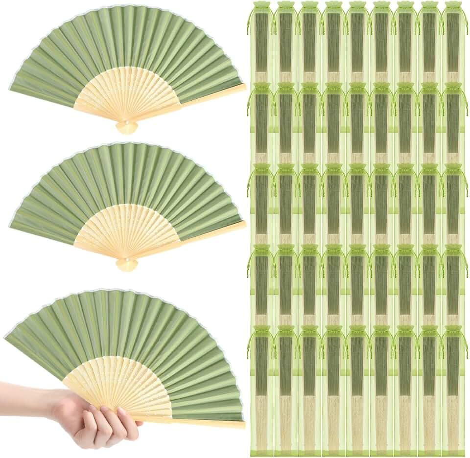 30 Sets Sage Green Wedding Hand Fans with Organza Bags, Bamboo