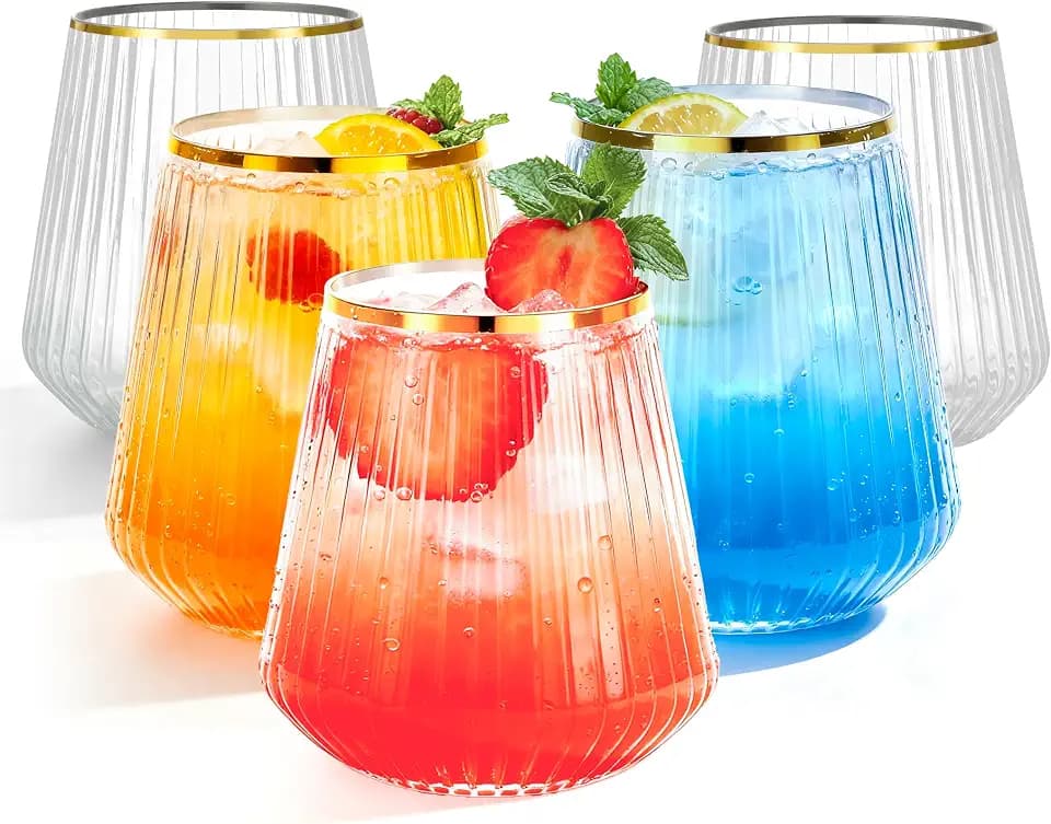 BESTSTAR 36 Pcs 12 oz Plastic Clear Gold Rim Ribbed Wine Glasses