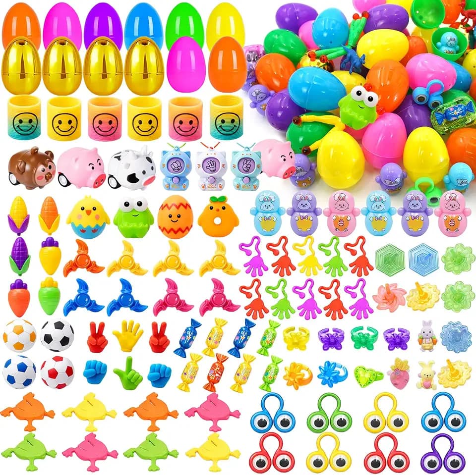 [6 Golden Surprise Eggs] 100 PCS Prefilled Easter Eggs with Assorted Toys, Plastic Easter Eggs Fillers with Toys for Kid Toddler Boys Girls Easter Hunt Prizes Basket Stuffers Party Favors