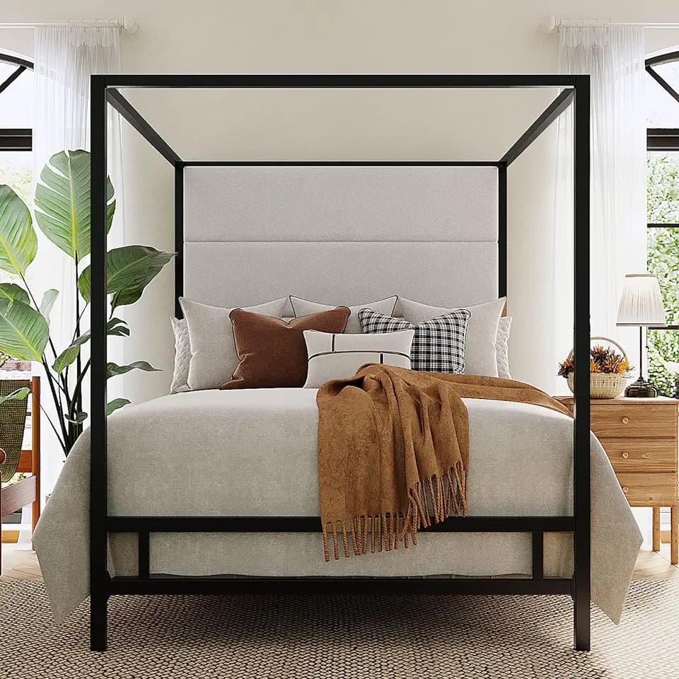 Merax Queen Size Metal Canopy Bed Frame, Modern Tall Upholstered Velvet Headboard, Black 4-Poster Bed with 800 lbs Capacity, Box Spring Required Easy Assembly for Bedroom, Black+White
