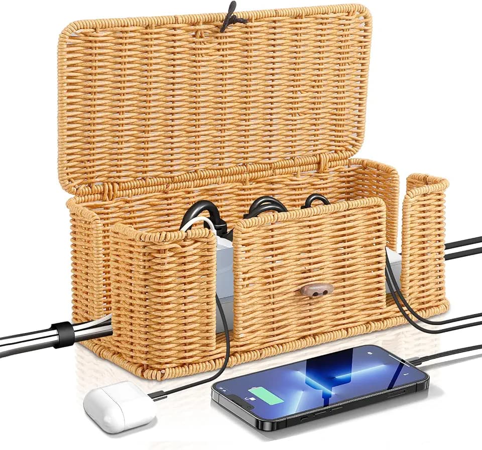 Steckdosenbox, Rattan Handgemachte Kabelbox, Kabelmanagement Box unter Schreibtisch Kabel Organizer Box für Kabelsalat Verstecken Schreibtisch Steckdosenbox