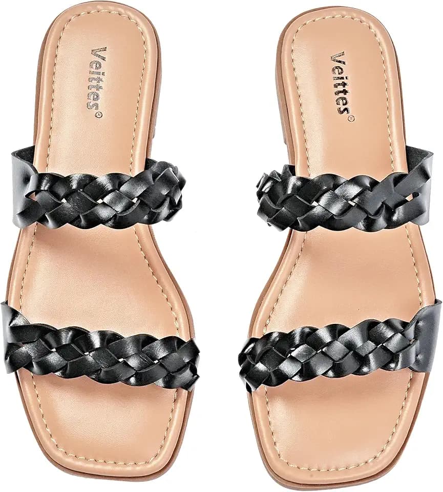 Veittes Women's Square Toe Flat Casual Slip-On Summer Sandals,BK21 9.5