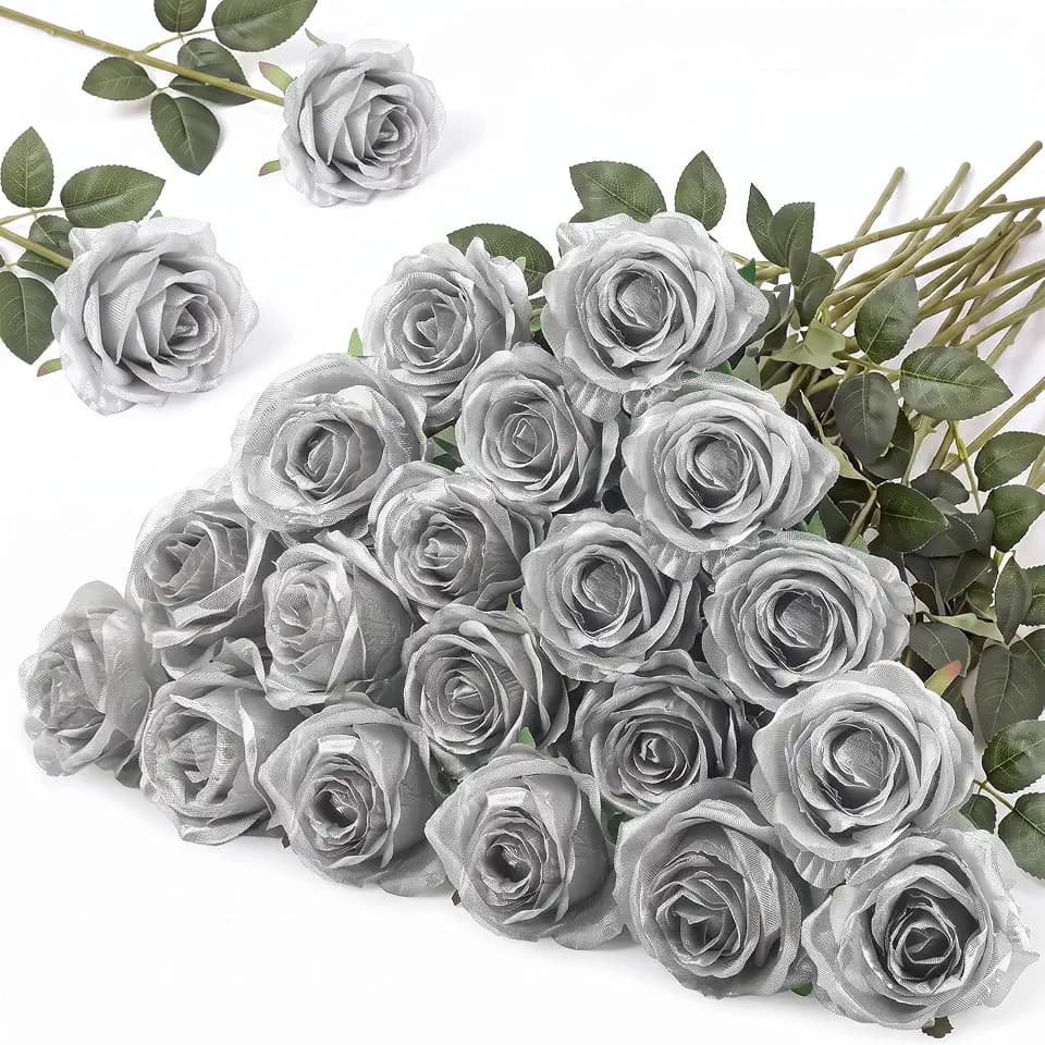 Hotop 20 Pcs Artificial Rose Flowers with Long Stem for Wedding,Silver