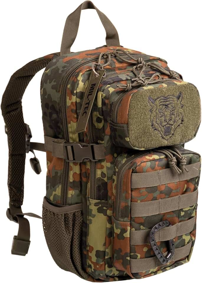 Mil-Tec US Assault Pack Kinderrucksack (14l) • Taktischer Rucksack für Schule, Outdoor, Militär, Wandern • 2 große Fächer + 2 Fronttaschen • Verstellbarer Schultergurt + Brustgurt