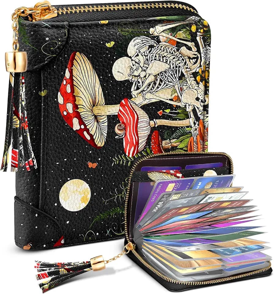Bistup 40 Slots Credit Card Holder for Women Girls, Mushroom Skull