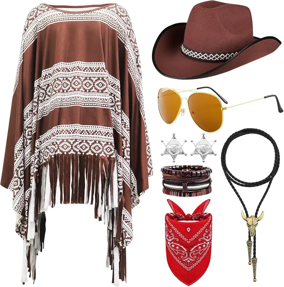 8 Stück Western Cowboy Kostüm Set, Cowboy Outfit Accessoire Kit mit Umhang Cowboyhut Sonnenbrille Paisley Bandanas Halskette Abzeichen Armband für Herren Damen Halloween Karneval Partys