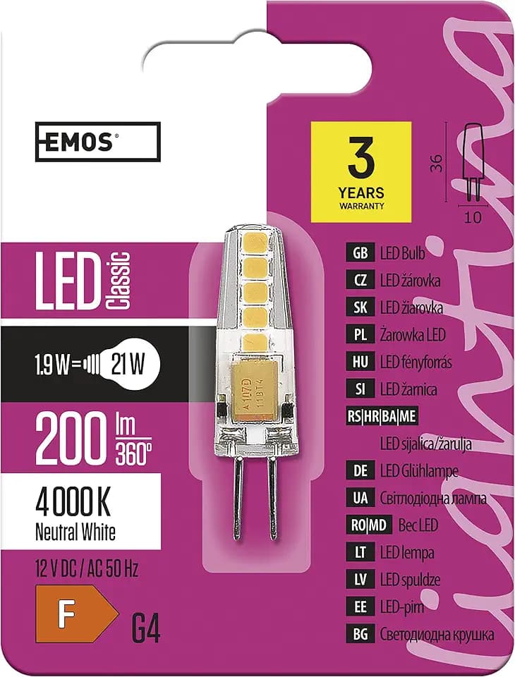 EMOS LED Lampe G4, 1,9 W ersetzt 21 W Glühbirne, G4 Pin Lampe JC 12V, Helligkeit 200 lm, Neutralweiß 4000 K, 30000 h Lebensdauer, 300°Abstrahlwinkel